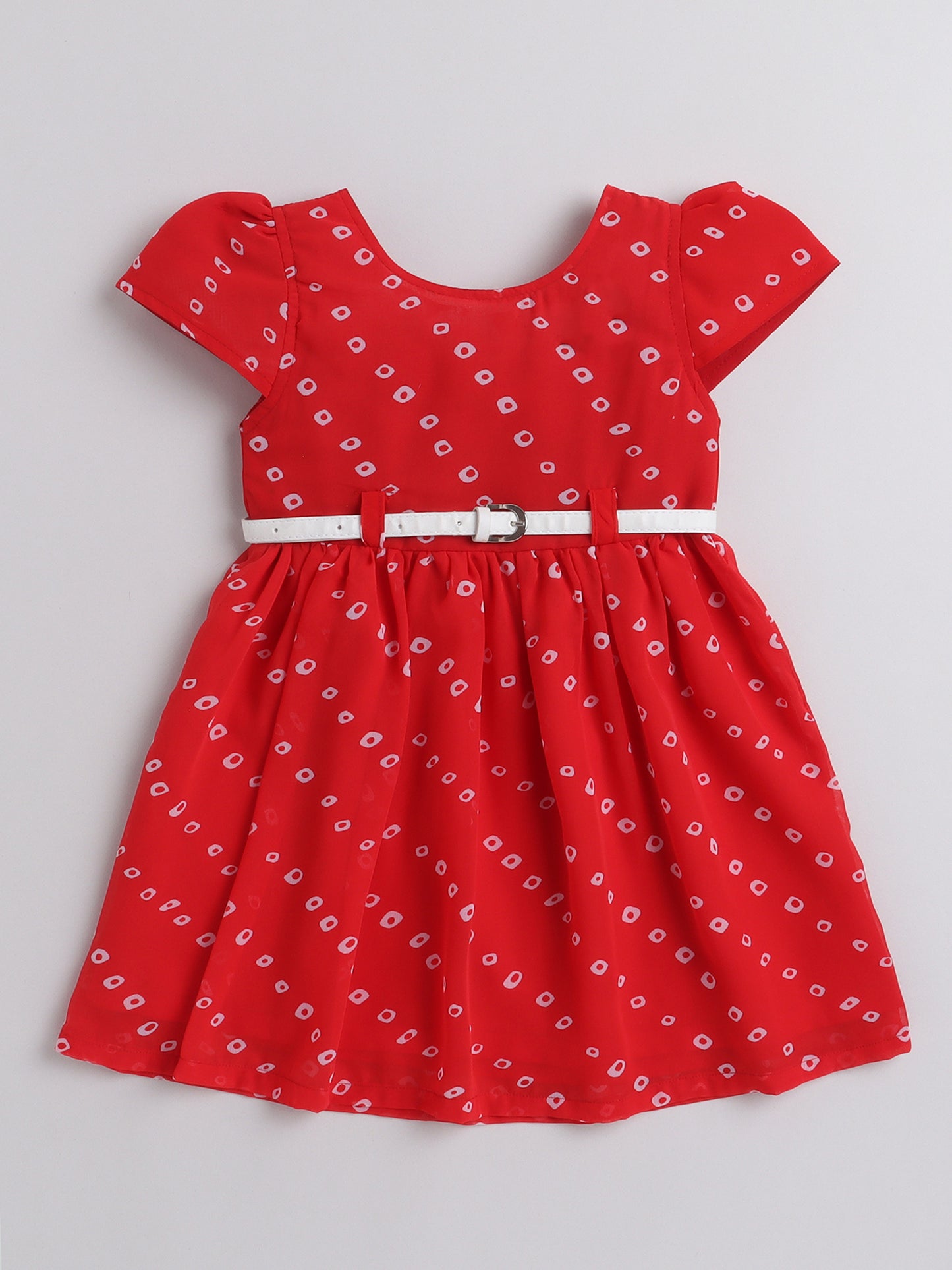 Xmas Square Dots Printed Cap Sleeves Dress With Contrast Belt For Girls-Red