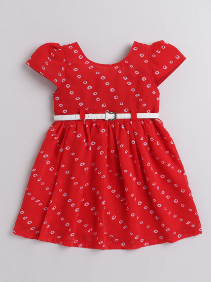 Xmas Square Dots Printed Cap Sleeves Dress With Contrast Belt For Girls-Red
