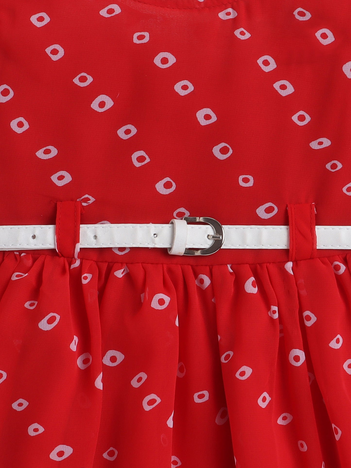 Xmas Square Dots Printed Cap Sleeves Dress With Contrast Belt For Girls-Red