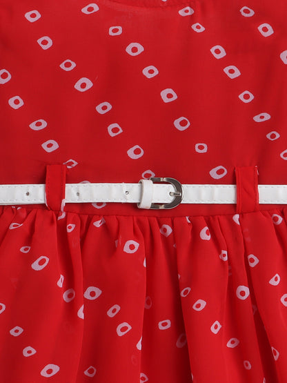 Xmas Square Dots Printed Cap Sleeves Dress With Contrast Belt For Girls-Red