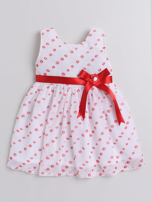 Xmas Square Dots Printed Sleeveless Dress With Bow For Girls-White,Red