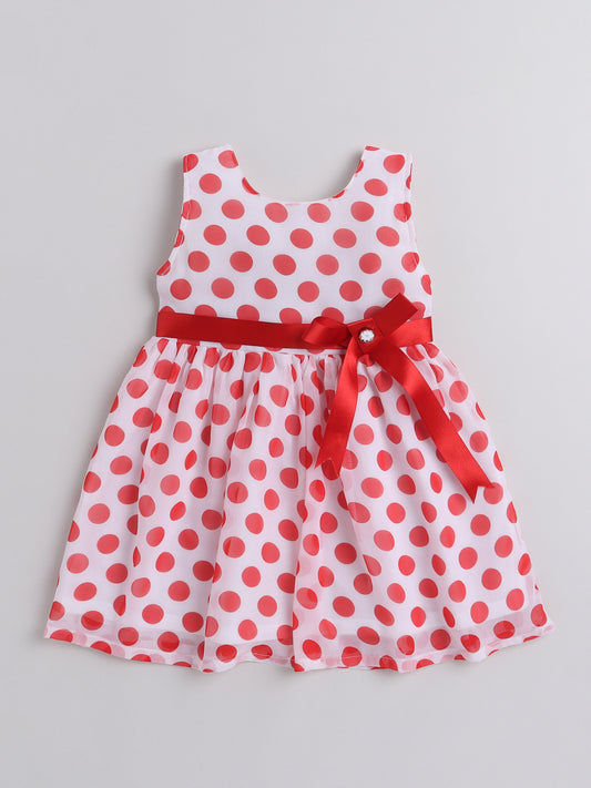 Xmas Big Polka Dots Printed Sleeveless Dress With Bow For Girls-White,Red