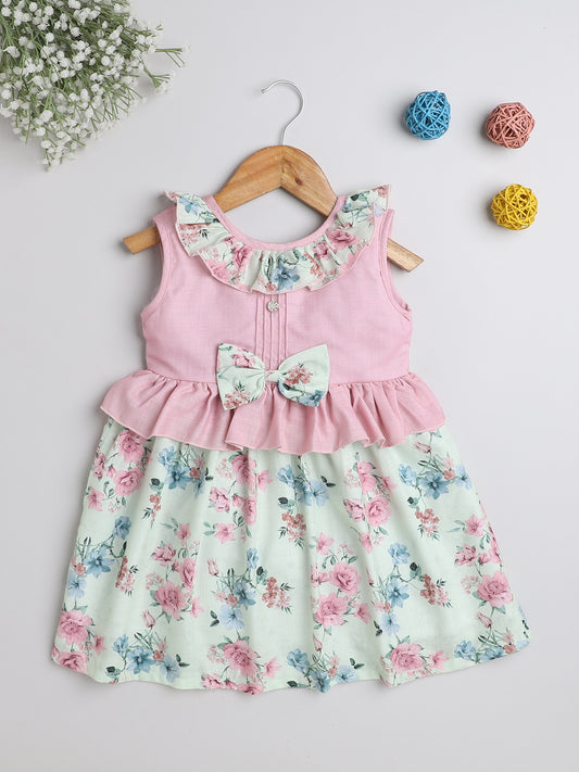 Sleeveless Floral Printed Ruffle On Neck With Bow Dress For Girls-Pink