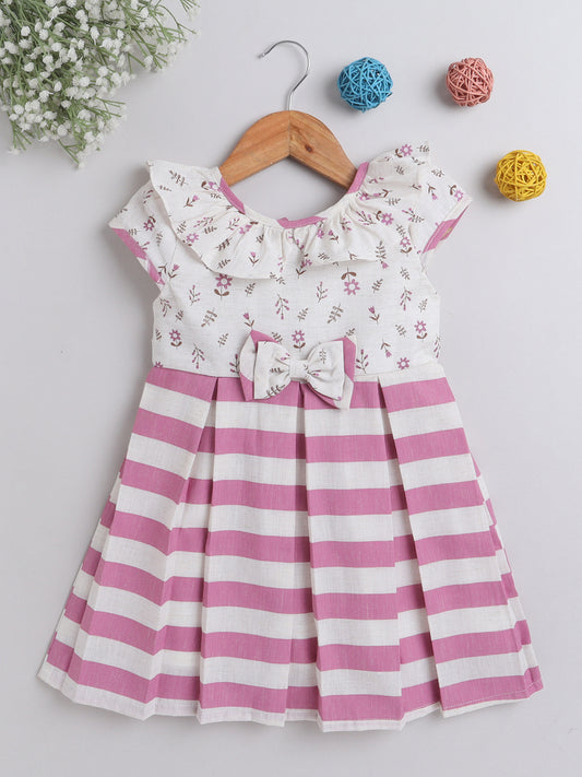 Cap Sleeves Floral and Stripes Printed With Bow Dress For Girls-Pink