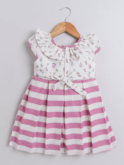 Cap Sleeves Floral and Stripes Printed With Bow Dress For Girls-Pink