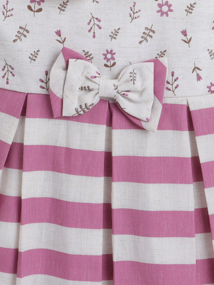 Cap Sleeves Floral and Stripes Printed With Bow Dress For Girls-Pink