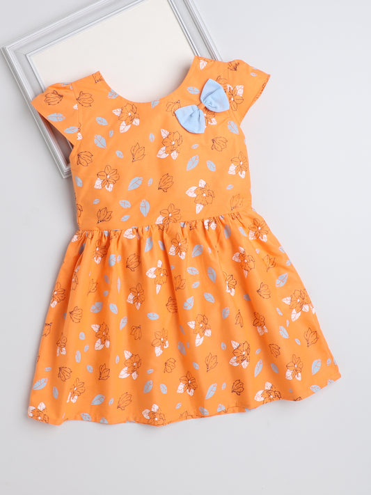 Cap Sleeves Floral Printed & Contrast Bow Appliqued Dress - Orange