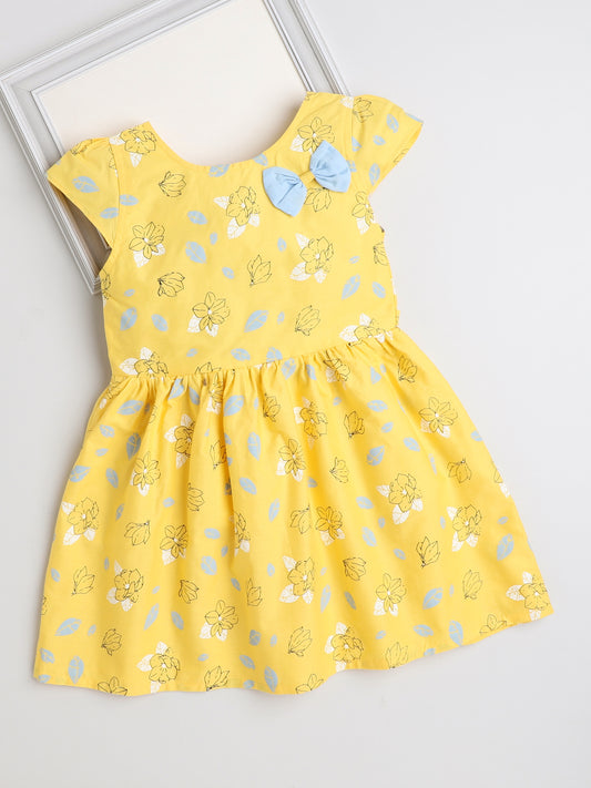 Cap Sleeves Floral Printed & Contrast Bow Appliqued Dress - Yellow