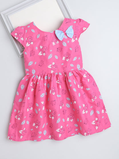 Cap Sleeves Floral Printed Dress For Girls With Contrast Bow-Pink