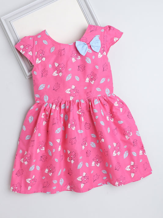 Cap Sleeves Floral Printed Dress For Girls With Contrast Bow-Pink