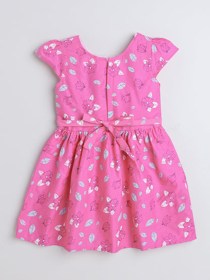 Cap Sleeves Floral Printed Dress For Girls With Contrast Bow-Pink