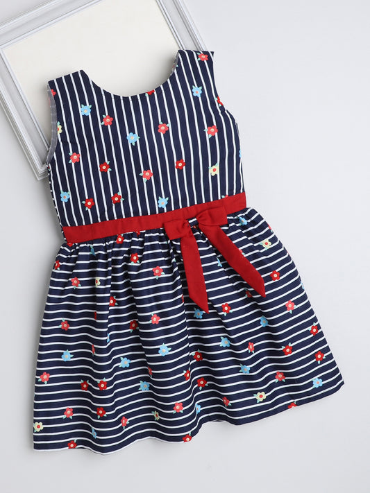 Sleeveless Stripes and Floral Printed Dress For Girls With Contrast Bow-Navy Blue, Red