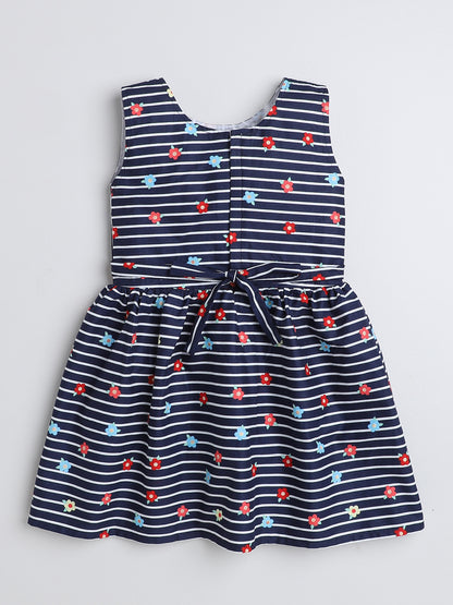 Sleeveless Stripes and Floral Printed Dress For Girls With Contrast Bow-Navy Blue, Red