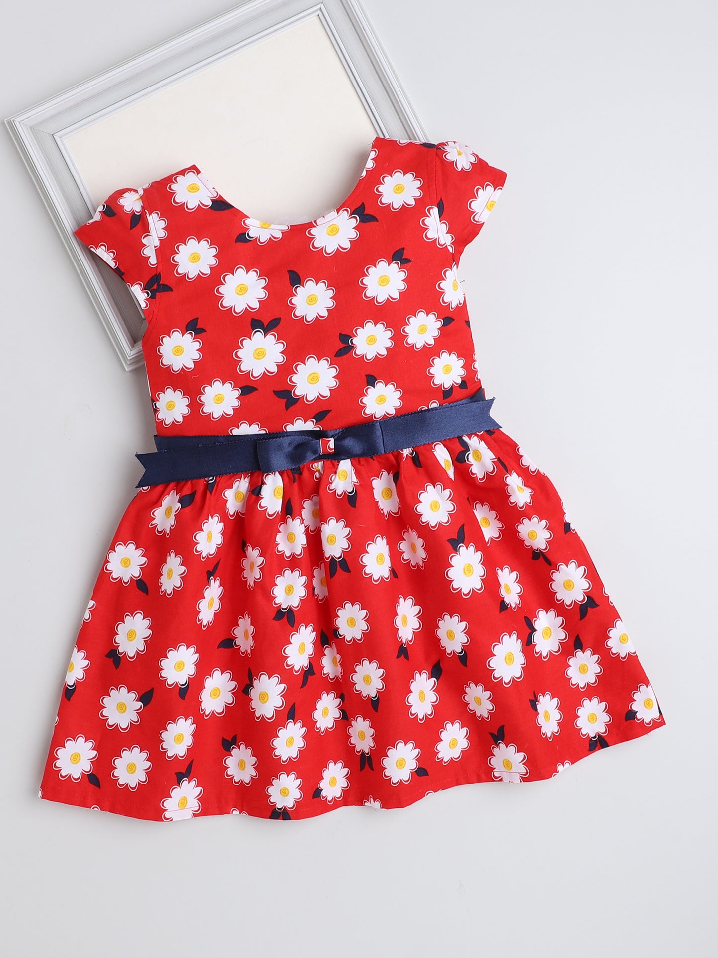 Cap Sleeves Floral Printed Dress For Girls With Contrast Bow-Red