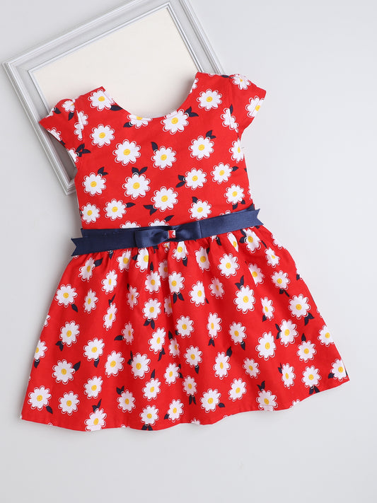 Cap Sleeves Floral Printed Dress For Girls With Contrast Bow-Red
