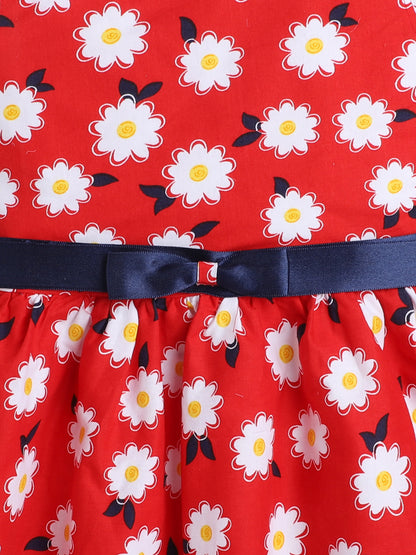 Cap Sleeves Floral Printed Dress For Girls With Contrast Bow-Red