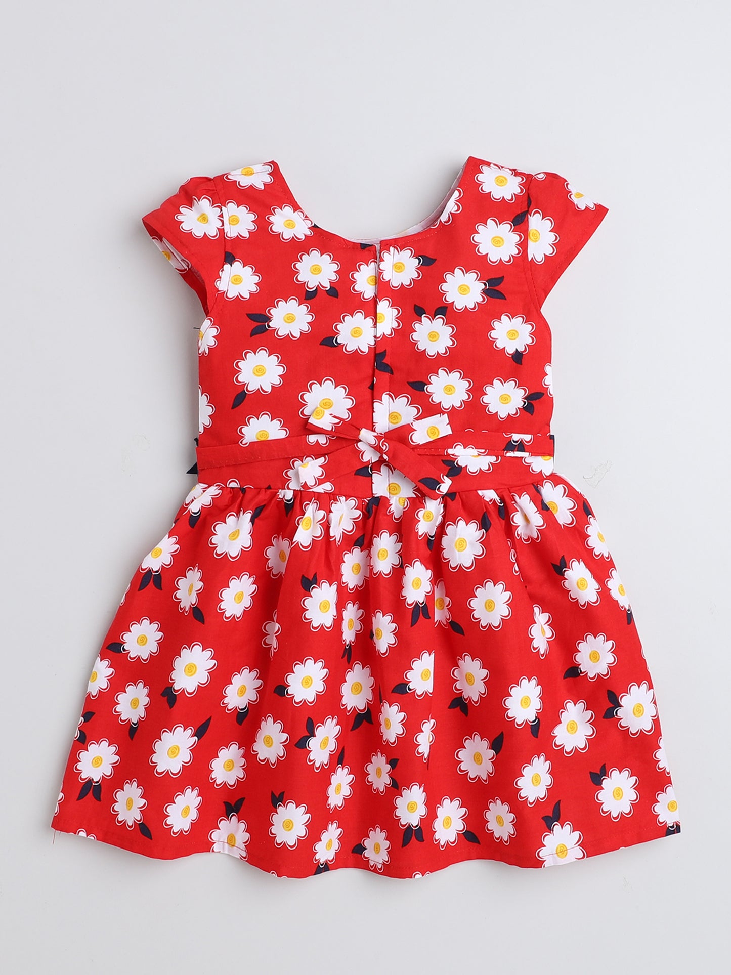 Cap Sleeves Floral Printed Dress For Girls With Contrast Bow-Red