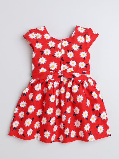 Cap Sleeves Floral Printed Dress For Girls With Contrast Bow-Red