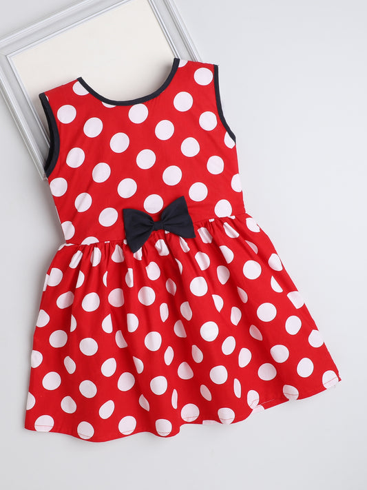 Sleeveless Polka Dots Printed Dress For Girls With Contrast Bow-Red