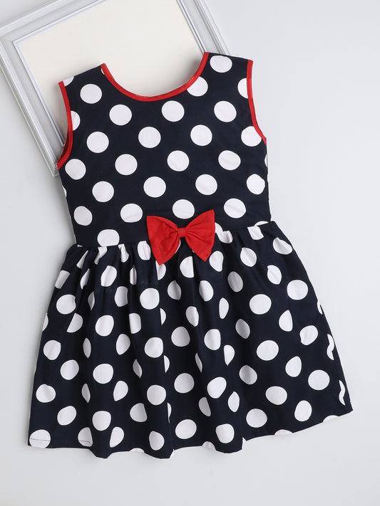 Sleeveless Polka Dots Printed Dress For Girls With Contrast Bow-Navy Blue