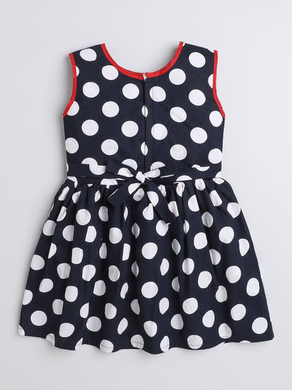 Sleeveless Polka Dots Printed Dress For Girls With Contrast Bow-Navy Blue