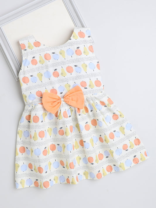 Sleeveless Fruits Printed Dress For Girls With Contrast Bow-Peach