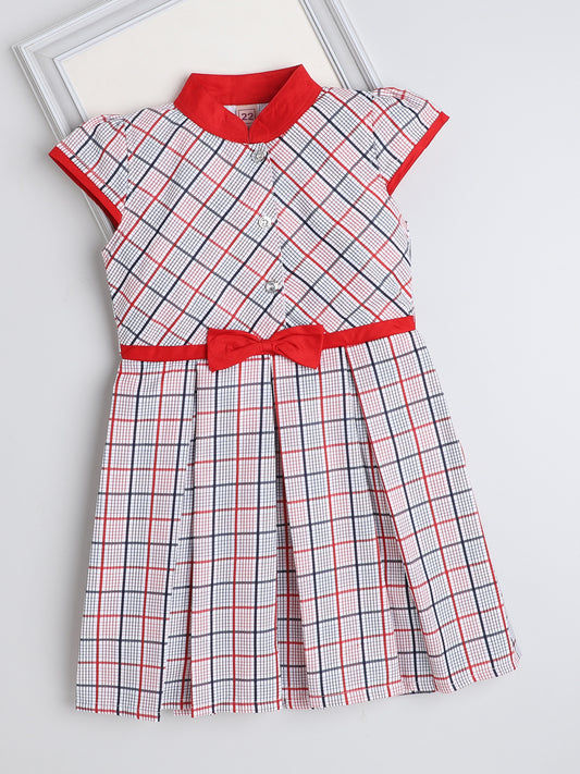 Cap Sleeves Checks Printed Dress For Girls With Contrast Bow-Pink