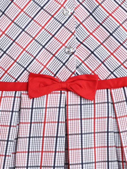Cap Sleeves Checks Printed Dress For Girls With Contrast Bow-Pink
