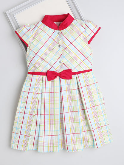 Cap Sleeves Checks Printed Dress For Girls With Contrast Bow-Yellow