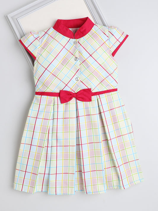 Cap Sleeves Checks Printed Dress For Girls With Contrast Bow-Yellow