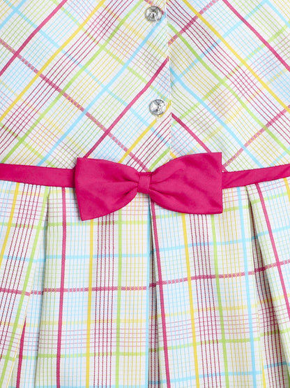 Cap Sleeves Checks Printed Dress For Girls With Contrast Bow-Yellow