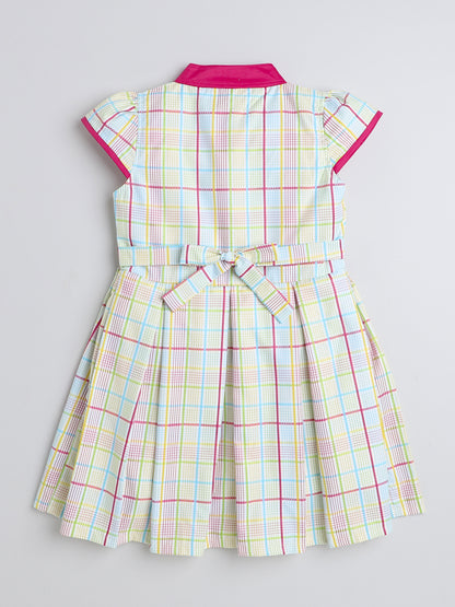 Cap Sleeves Checks Printed Dress For Girls With Contrast Bow-Yellow