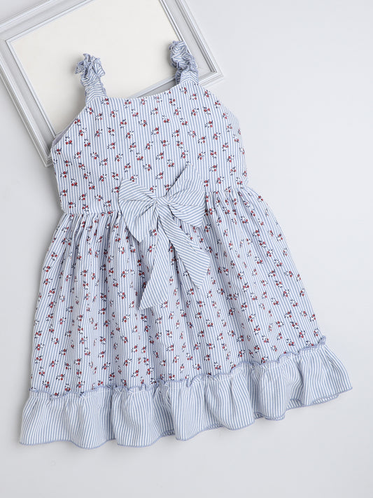 Shoulders Straps Stripes and Floral Printed Dress For Girls With Bow-Blue
