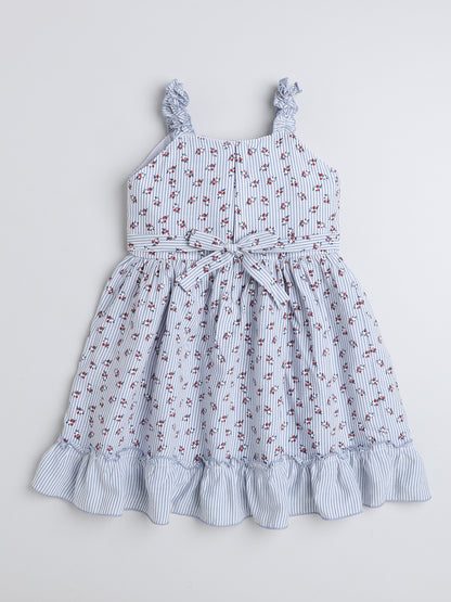 Shoulders Straps Stripes and Floral Printed Dress For Girls With Bow-Blue