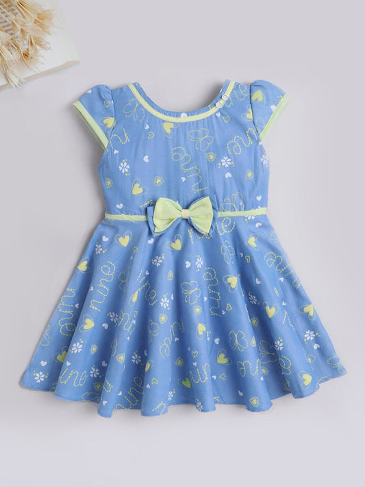 The Magic Wand Floral Printed  Cap Sleeves Dress For Girls With Contrast Bow Blue