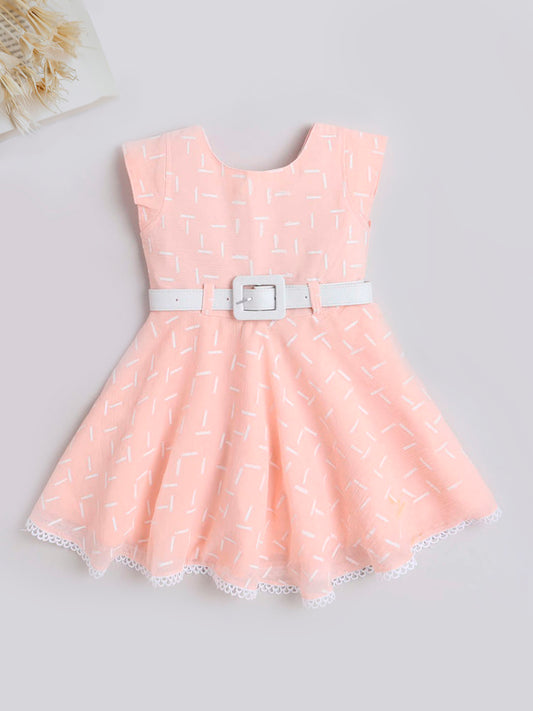Printed Lace Embelished Cap Sleeves Dress With Belt For Girls-Peach
