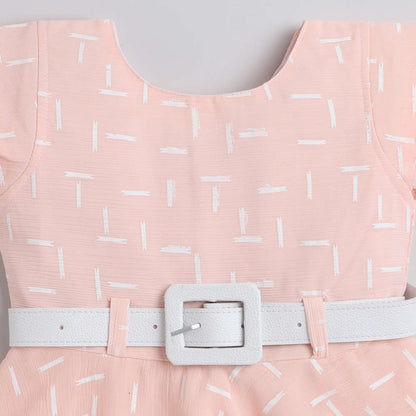 Printed Lace Embelished Cap Sleeves Dress With Belt For Girls-Peach