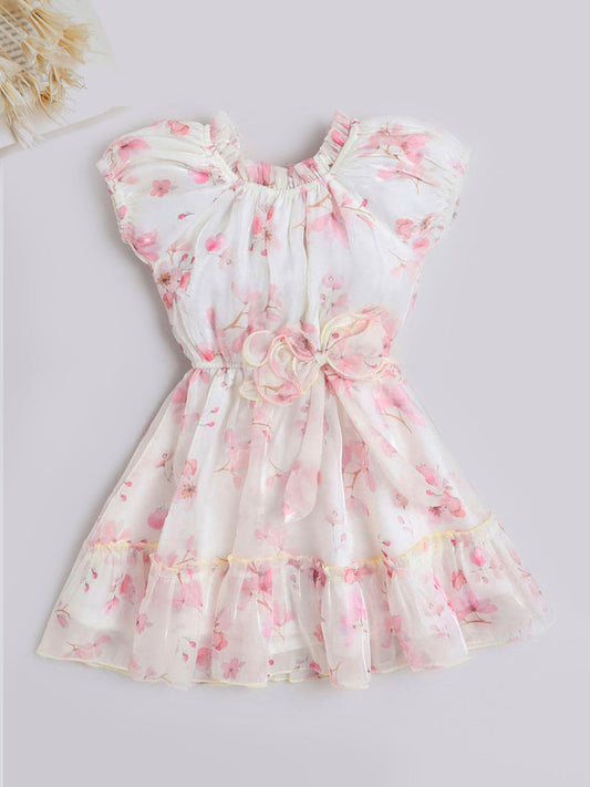 The Magic Wand Floral Printed Short Sleeves Dress For Girls With Contrast Bow Off White