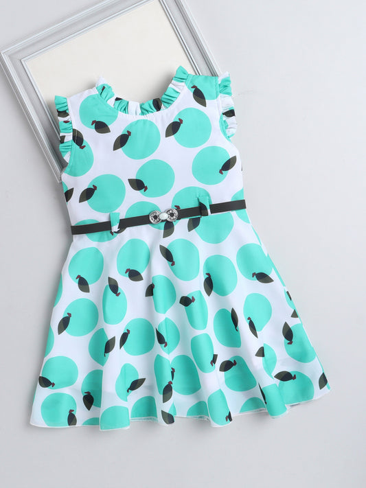 Fruit Printed Cap Sleeves Dress For Girls With Belt-Blue