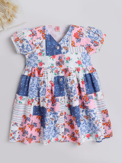 Floral Printed Short Sleeves Dress For Girls-Blue