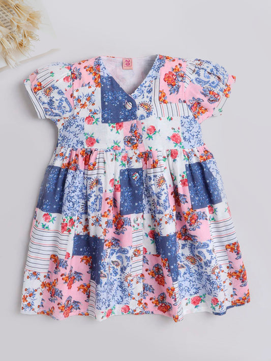 Floral Printed Short Sleeves Dress For Girls-Blue