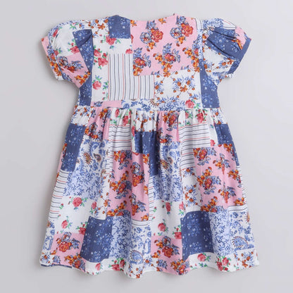 Floral Printed Short Sleeves Dress For Girls-Blue