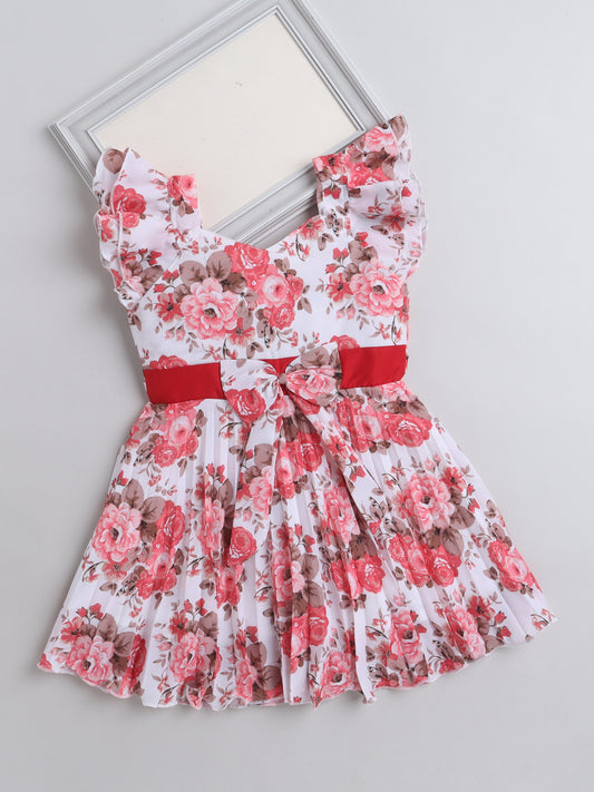 Floral Printed Short Sleeves Dress For Girls With Bow-Off White, Red