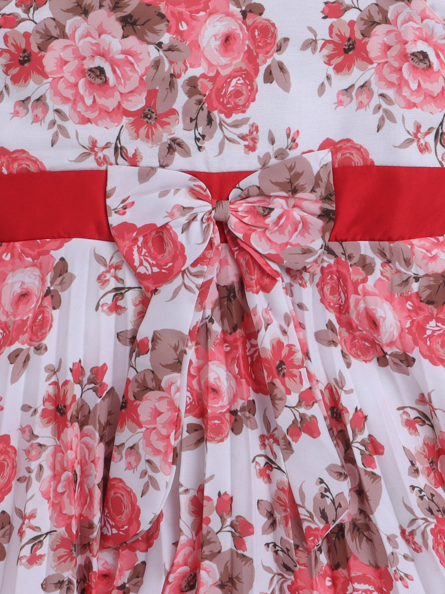 Floral Printed Short Sleeves Dress For Girls With Bow-Off White, Red