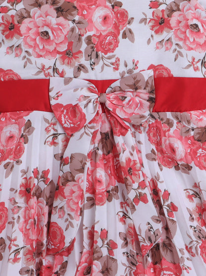 Floral Printed Short Sleeves Dress For Girls With Bow-Off White, Red