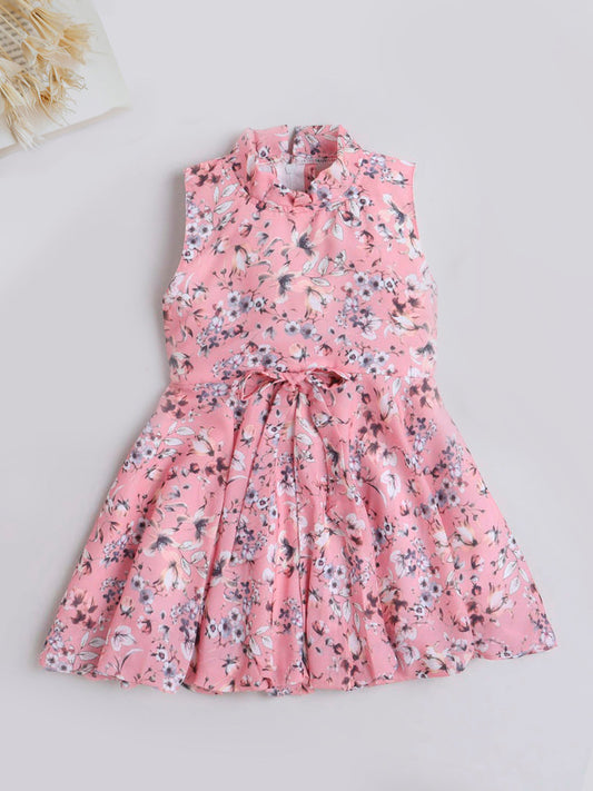 Floral Printed Sleeveless Dress For Girls With Bow - Peach