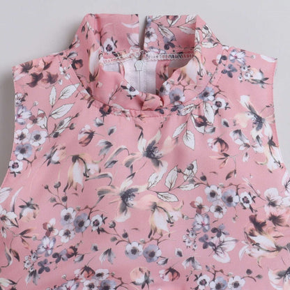 Floral Printed Sleeveless Dress For Girls With Bow - Peach