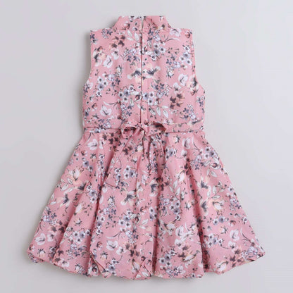 Floral Printed Sleeveless Dress For Girls With Bow - Peach
