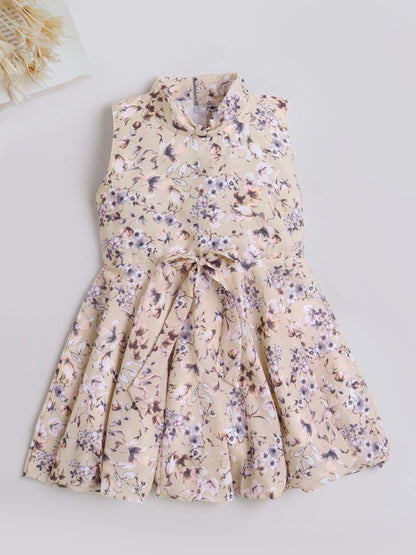 Floral Printed Sleevless Dress For Girls With Bow-Beige