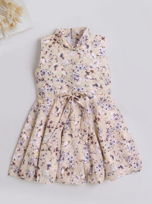 Floral Printed Sleevless Dress For Girls With Bow-Beige